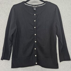 White House Black Market Women's Black Cardigan Sweater Pearl Buttons 3/4 Sleeve